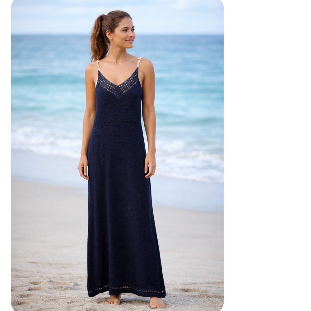 MNG casual handmade cotton knit navy dress coverup, size XS / small